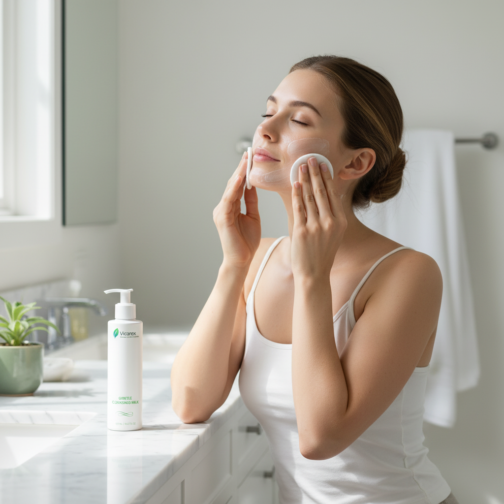 Woman using cleansing milk in bathroom
