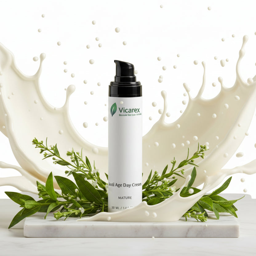 Vicarex skincare product with green leaves and cream splashes on a light background