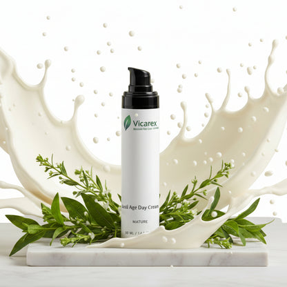 Vicarex skincare product with green leaves and cream splashes on a light background