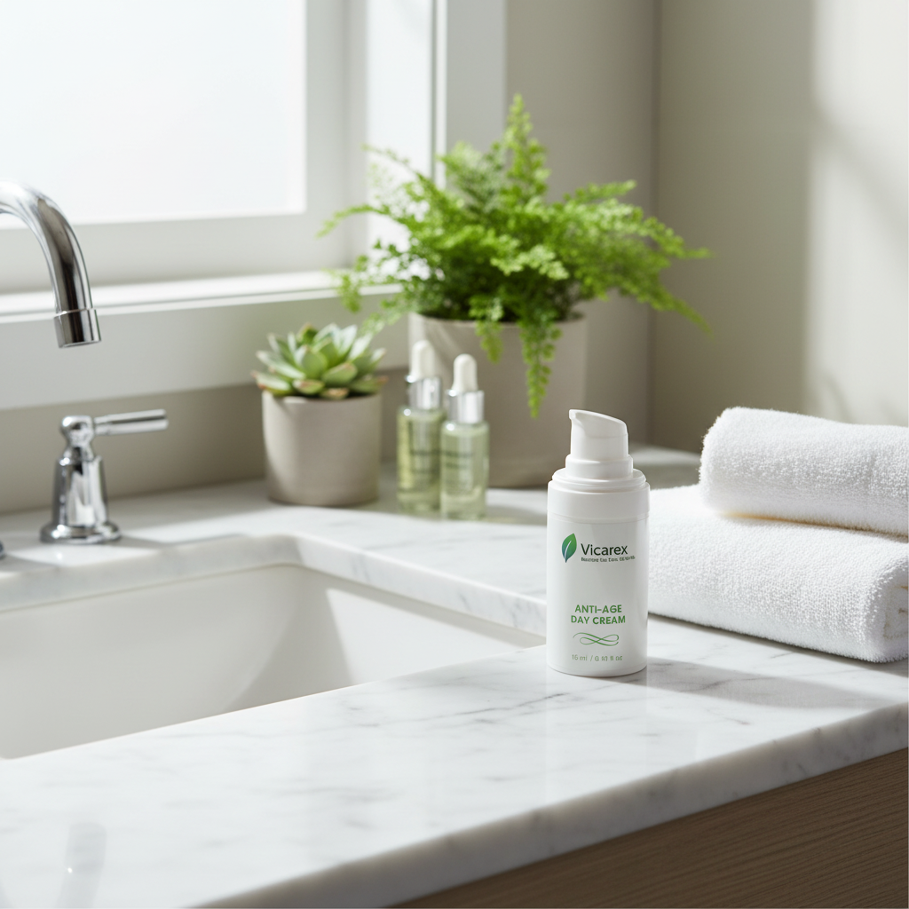 Anti-age day cream on bathroom vanity