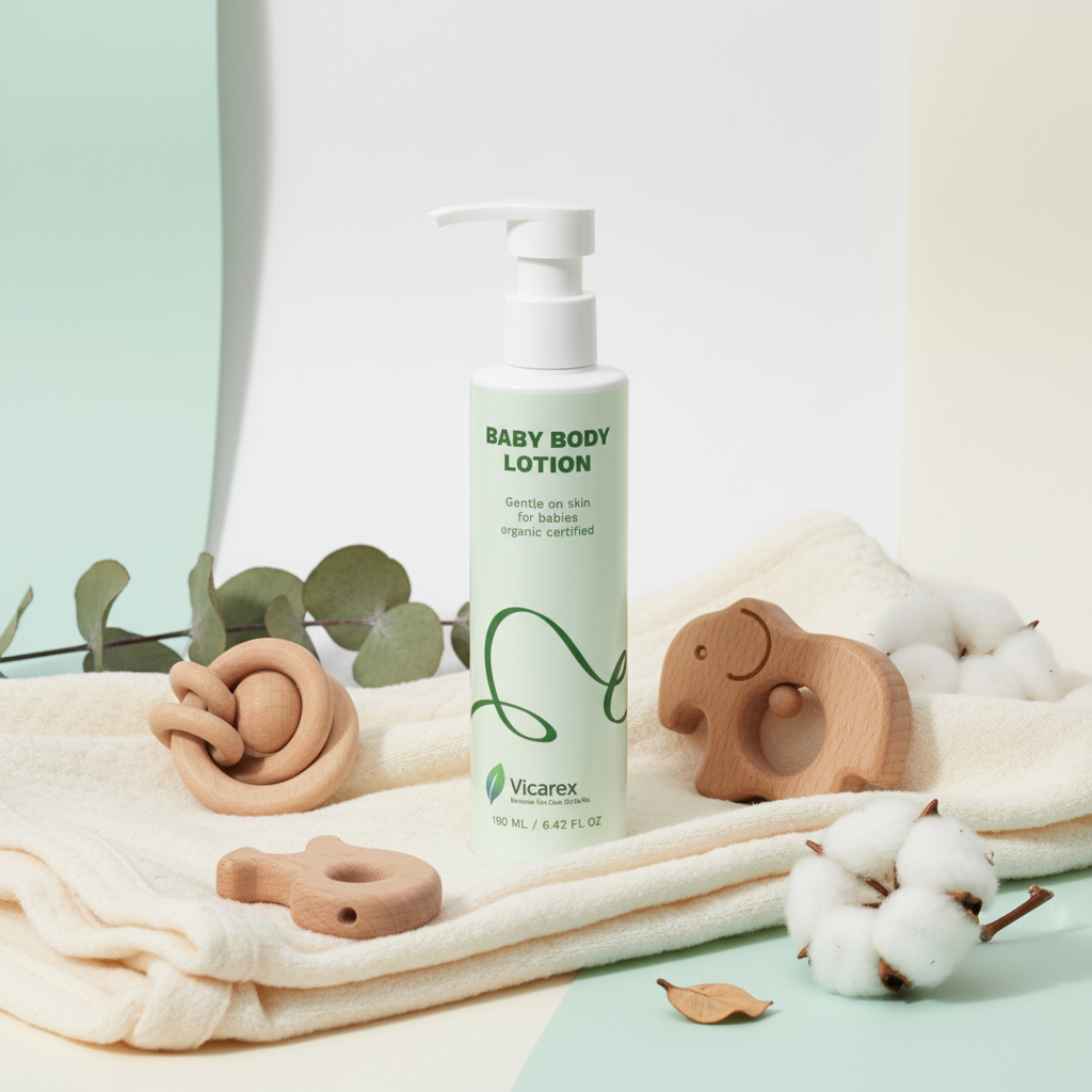 Baby lotion with soft baby items and toys