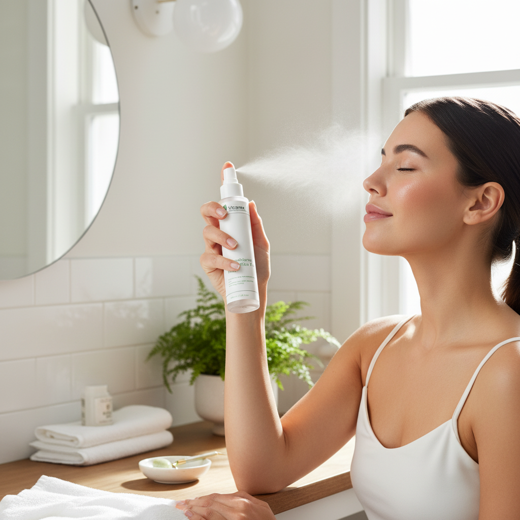 Bright bathroom setting with mist application