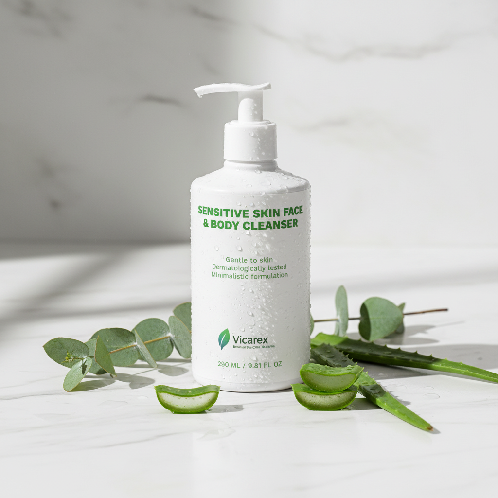 Cleanser on marble with botanical elements