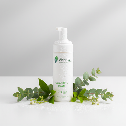 Cleansing foam with botanicals and water droplets