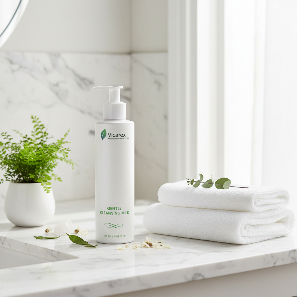 Cleansing milk on marble vanity with plants