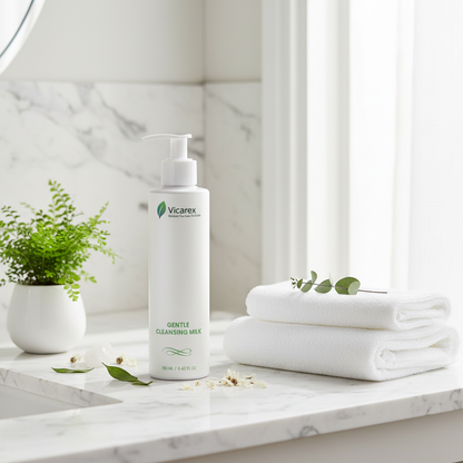 Cleansing milk on marble vanity with plants