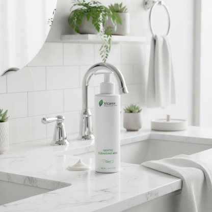 Cleansing milk on pristine bathroom sink