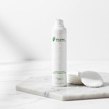 Cream on marble with cotton pads