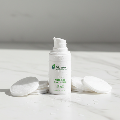 Day cream on marble with cotton pads