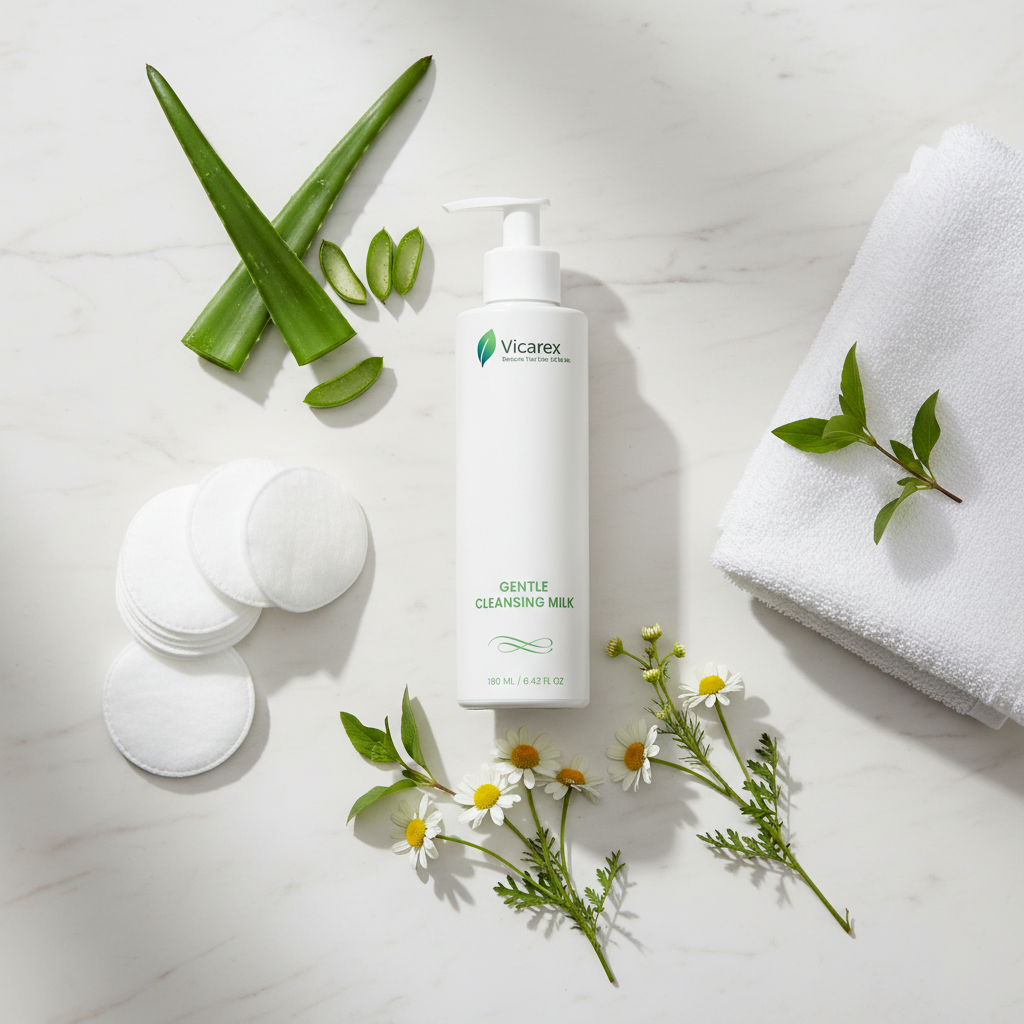 Elegant bathroom flat lay with cleansing milk