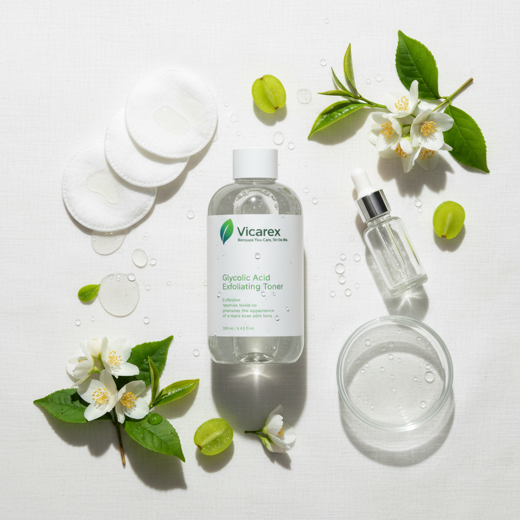 Elegant flat lay with toner and cotton pads