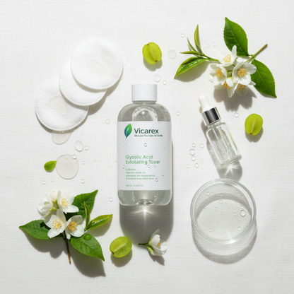 Elegant flat lay with toner and cotton pads