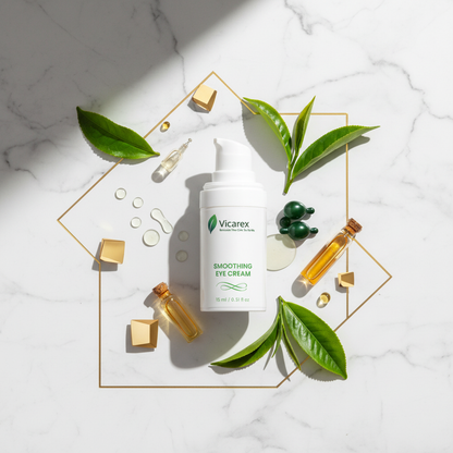 Eye cream with premium organic ingredients on marble