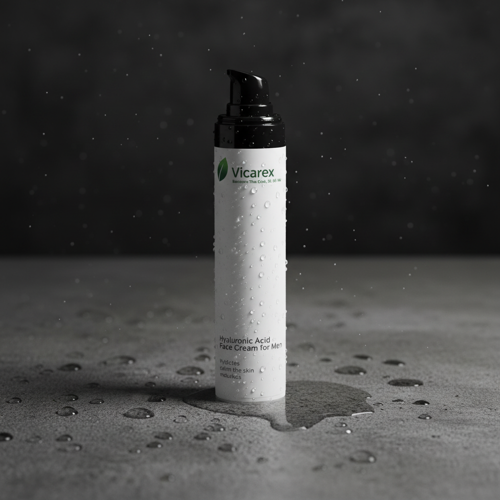 Face cream on dark surface with water droplets