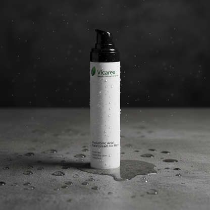 Face cream on dark surface with water droplets
