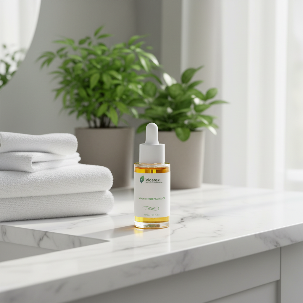Facial oil on bathroom vanity