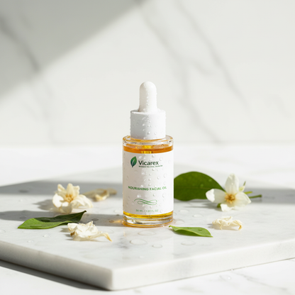 Facial oil on marble with botanicals