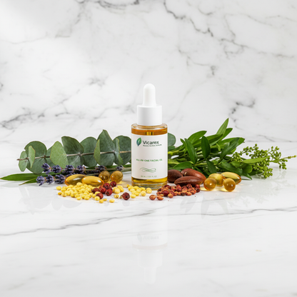 Facial oil with premium organic botanicals on marble