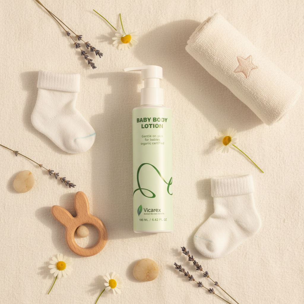 Flat lay with baby lotion and adorable baby items