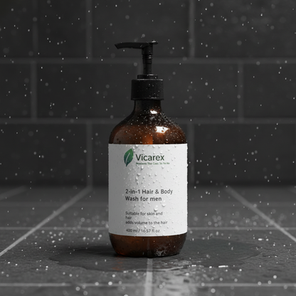 Hair and body wash on wet tiles with water