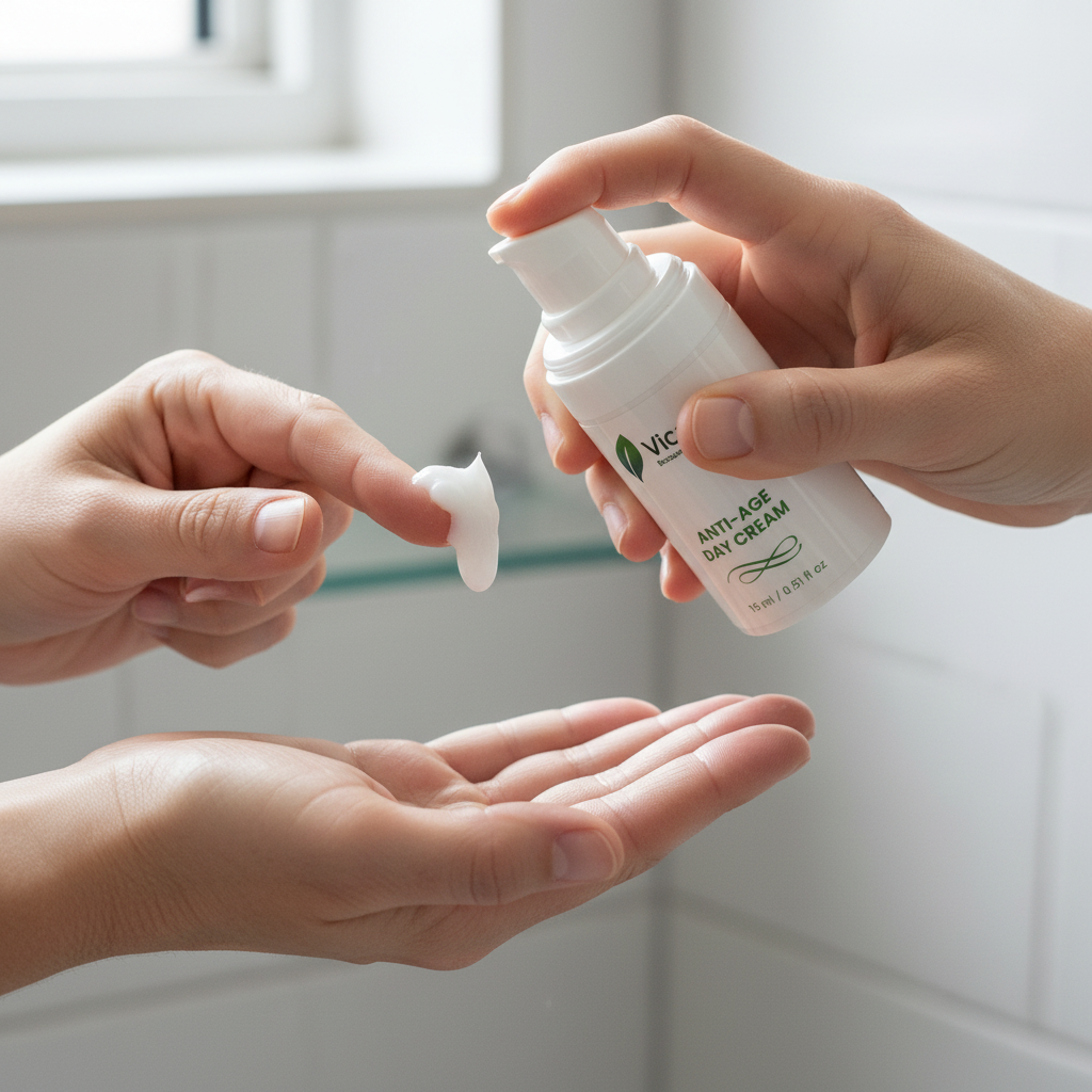 Hands dispensing anti-aging day cream