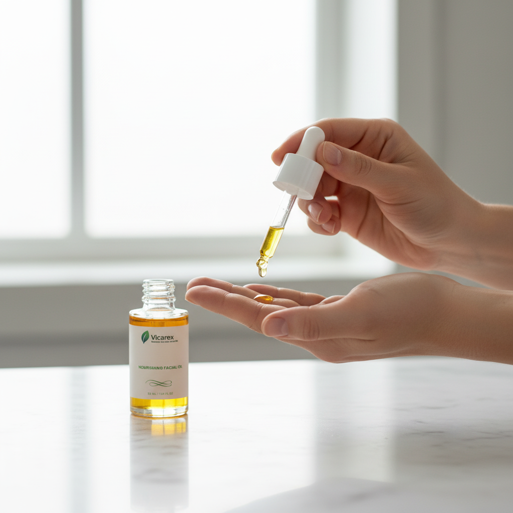 Hands dispensing facial oil with dropper