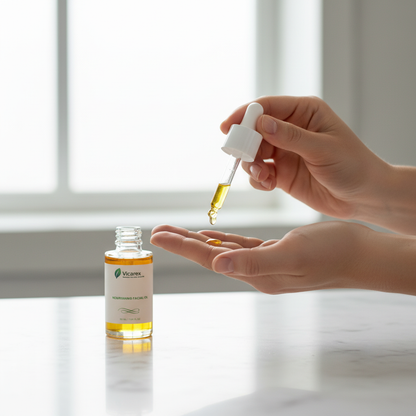 Hands dispensing facial oil with dropper