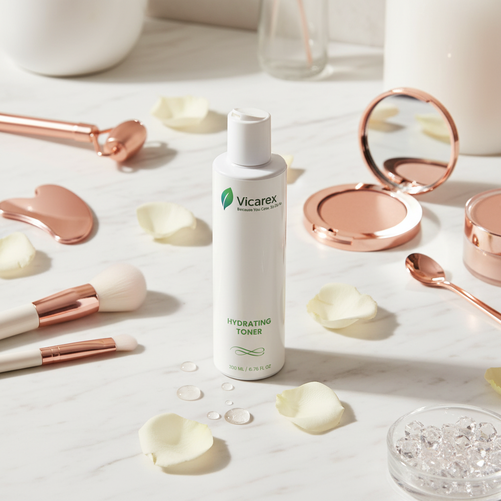 Hydrating toner on vanity with makeup items