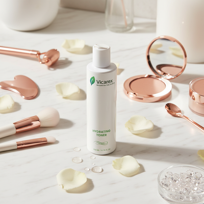 Hydrating toner on vanity with makeup items