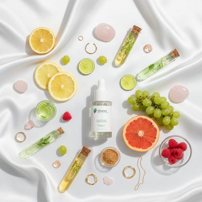 Luxury flat lay with AHA concentrate and citrus elements