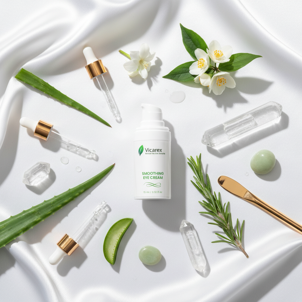 Luxury flat lay with eye cream on silk