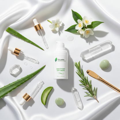 Luxury flat lay with eye cream on silk