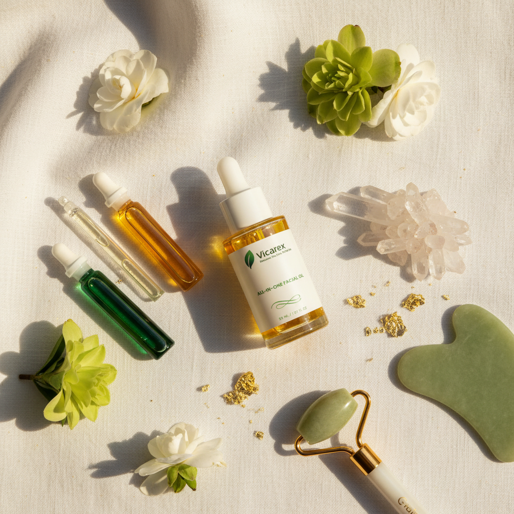 Luxury flat lay with facial oil on silk