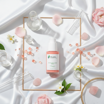 Luxury flat lay with peptide serum and clinical elements