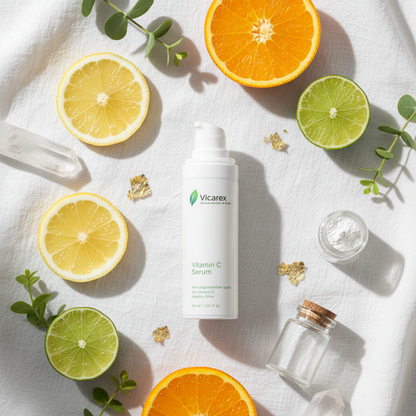 Luxury flat lay with vitamin C serum and citrus elements