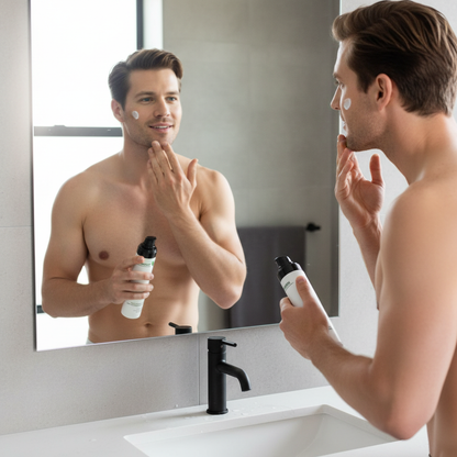 Man applying face cream in bathroom