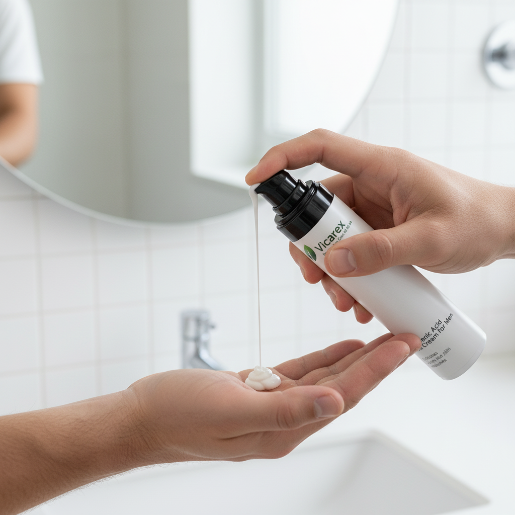 Man's hands dispensing face cream