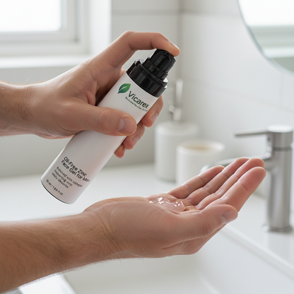 Man's hands dispensing oil-free gel