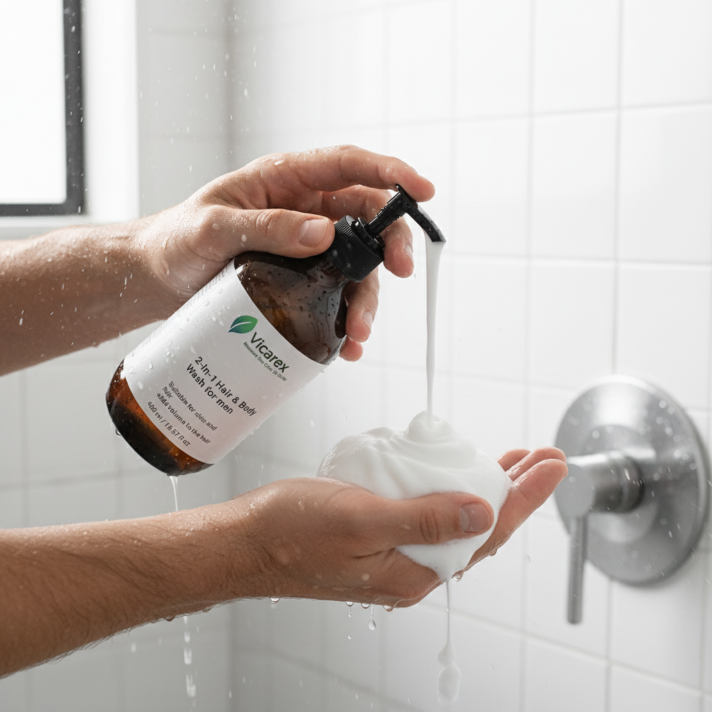 Man's hands dispensing wash with rich lather