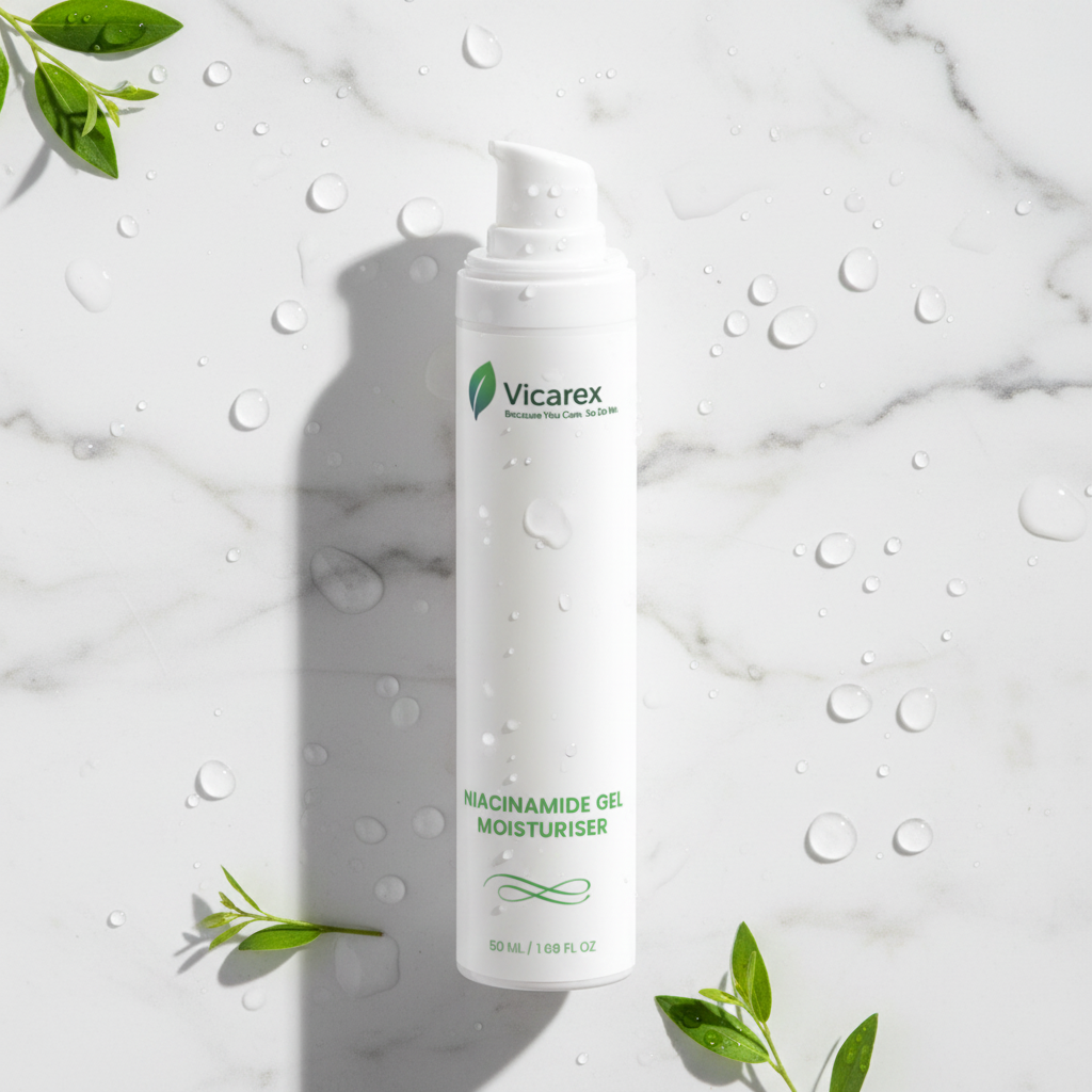 Niacinamide gel on pristine marble with water