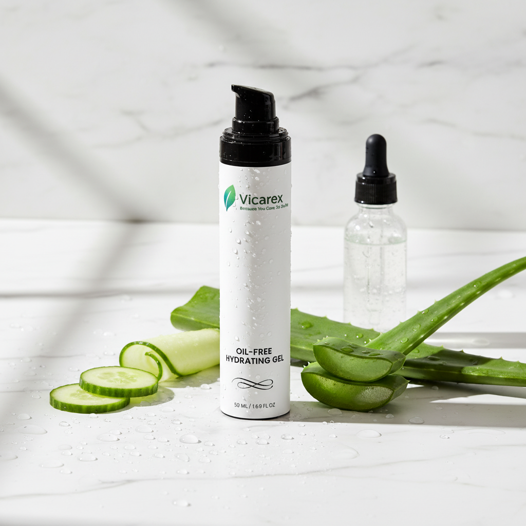 Oil-free gel on marble with water droplets and botanicals