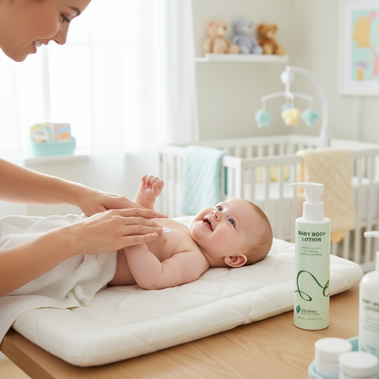 Parent applying baby lotion to happy baby