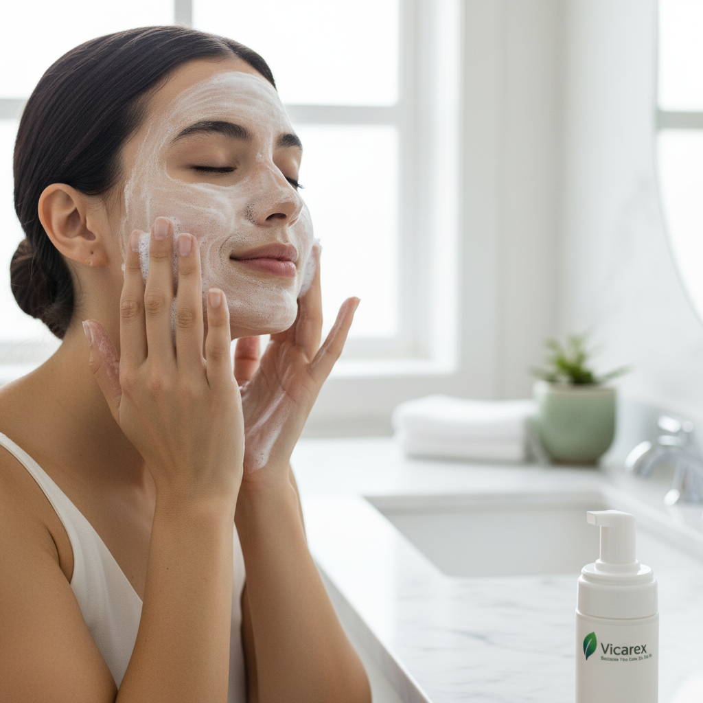 Person applying cleansing foam to face