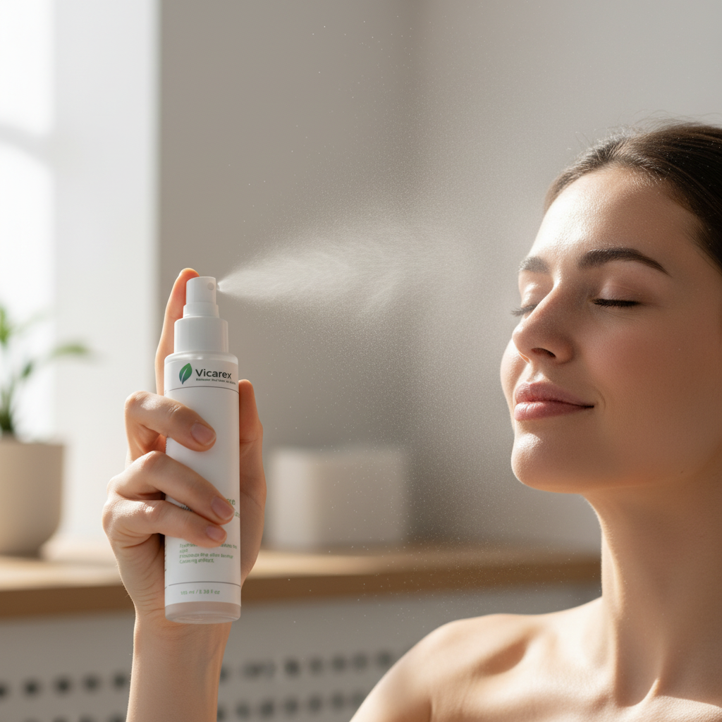 Person spraying prebiotics mist on face