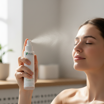 Person spraying prebiotics mist on face