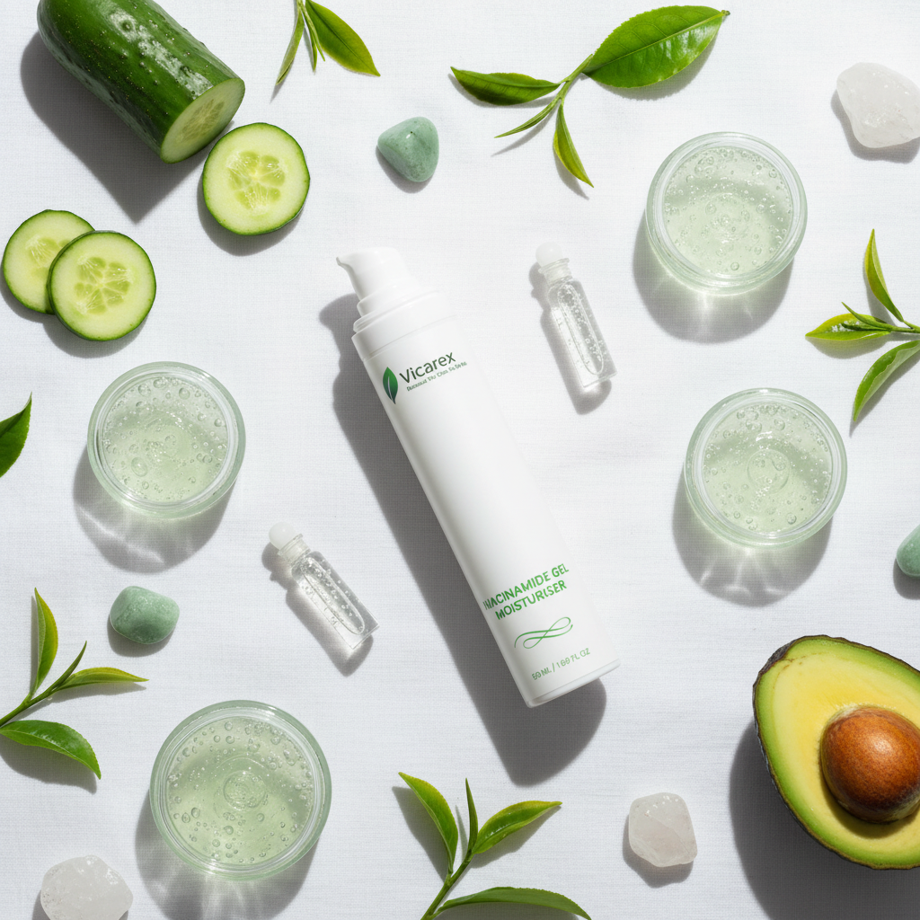 Premium flat lay with niacinamide gel