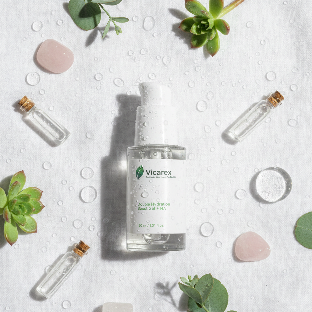 Realistic flat lay with hydration gel and natural elements