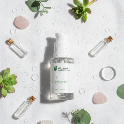 Realistic flat lay with hydration gel and natural elements