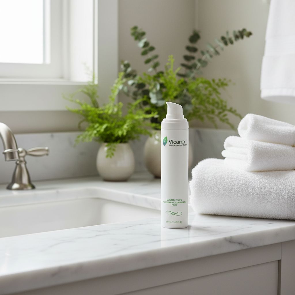 Sensitive skin moisturiser on bathroom vanity