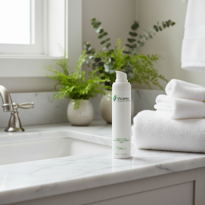 Sensitive skin moisturiser on bathroom vanity